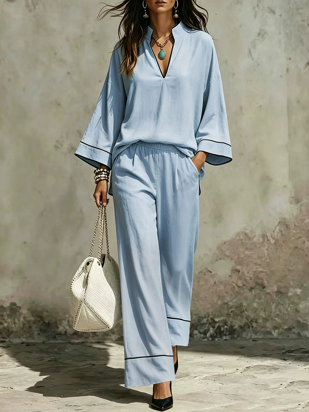 ZARA Casual Sport 2pc Set LS Contrast Collar Tee & Pants
